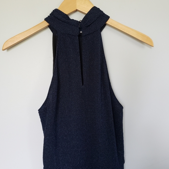 Saylor Aida Metalic Midnight Blue Sparkle Mock Neck Knot Midi Dress Sz Medium - Picture 4 of 5